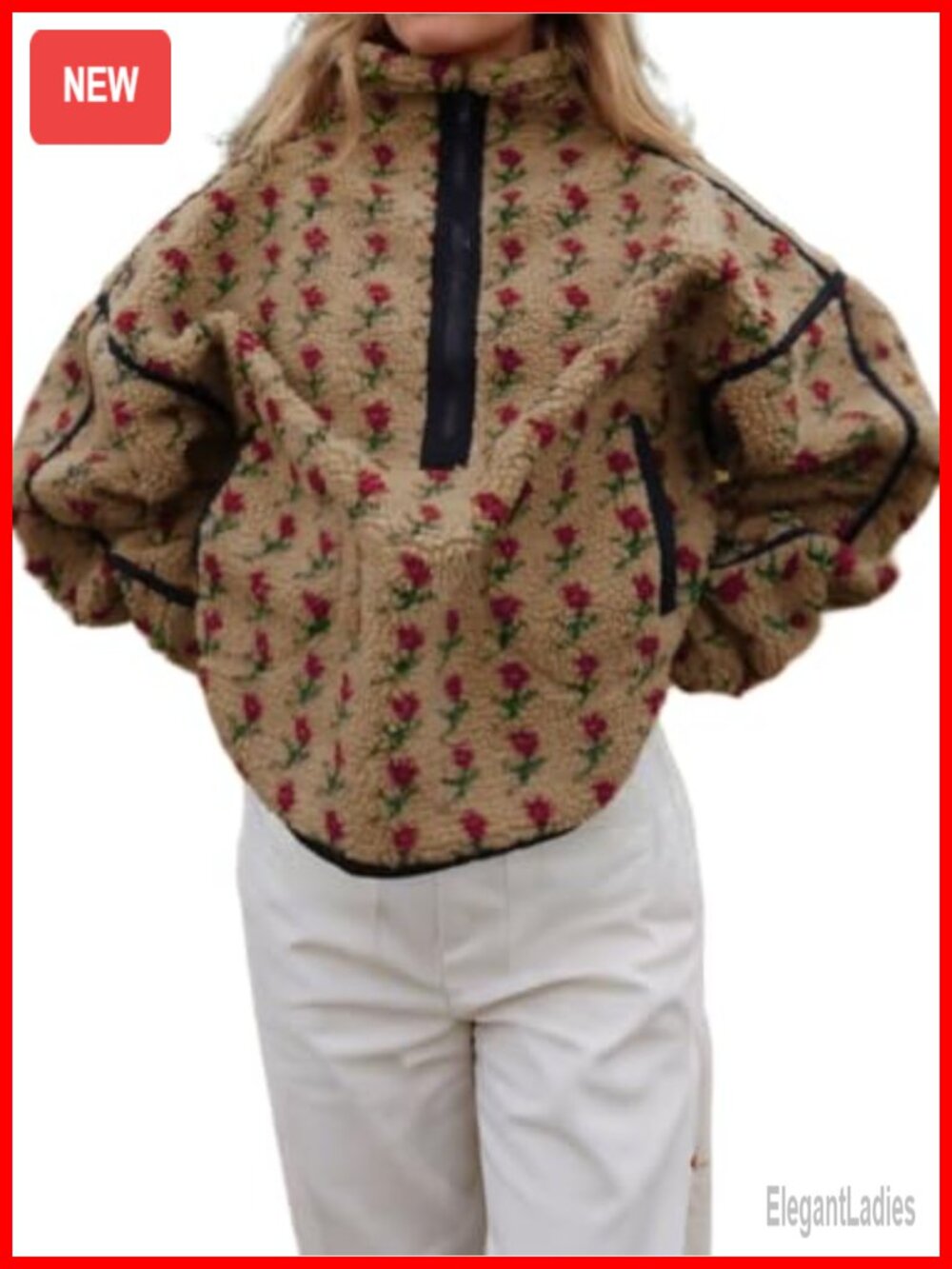 Floral Fleece Jacket Half Zip Sherpa Sweatshirt Coat Turtleneck